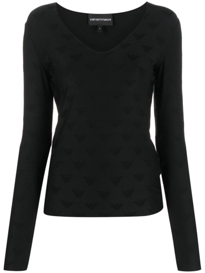 Emporio Armani Jacquard-logo V-neck T-shirt In Black