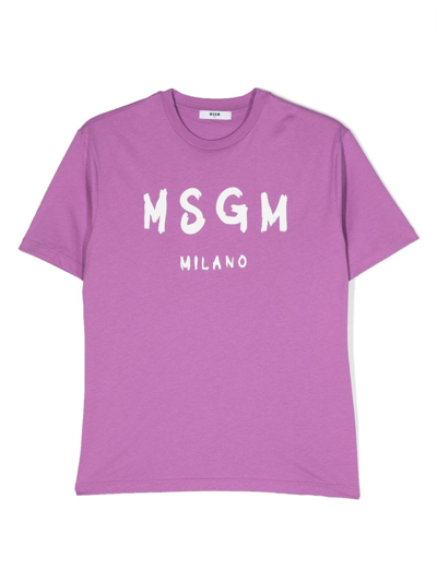 Msgm Kids' Logo印花棉t恤 In Purple