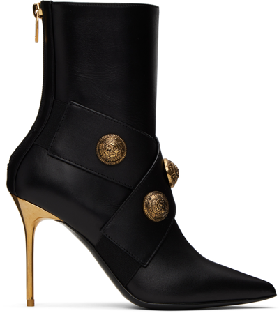 Balmain Black Ankle Boots Embellished With Gold Embossed Buttons In Noir