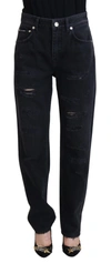 Dolce & Gabbana Black Cotton Tattered High Waist Denim Jeans In Black