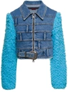 ANDERSSON BELL 'DUA' LIGHT BLUE JACKET WITH FAUX-FUR SLEEVES AND MULTI-WAIST EFFECT IN COTTON DENIM WOMAN