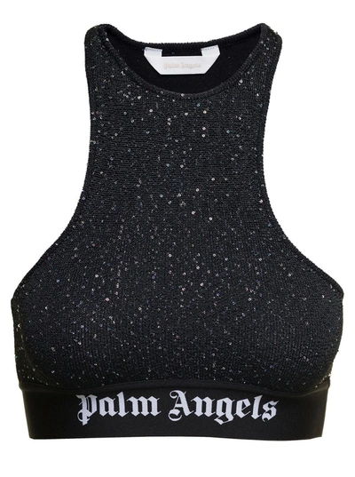 PALM ANGELS BLACK 'SOIREE' KNITTED TOP WITH CONTRASTING LOGO IN VISCOSE BLEND WOMAN