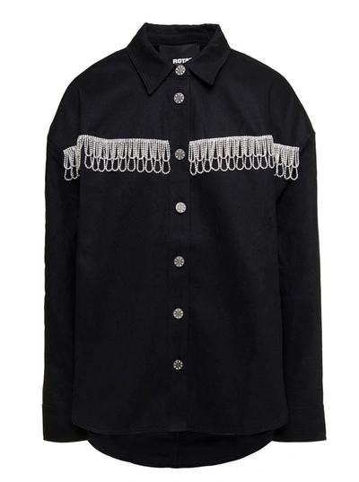 ROTATE BIRGER CHRISTENSEN BLACK OVERSIZED SHIRT WITH RHINESTONE FRINGES AND LOGO DETAIL IN COTTON WOMAN