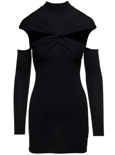 COPERNI MINI BLACK DRESS WITH MOCK NECK AND TWISTED CUT-OUT IN WOOL WOMAN