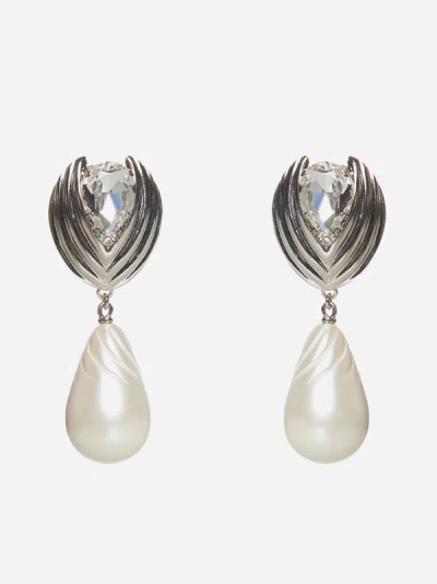 Alessandra Rich Crystal Earrings With Pendant Pearl In Silver