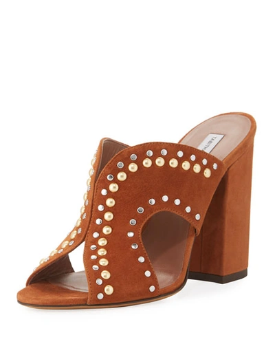 Tabitha Simmons Celia Studded Suede Cutout Slide Sandals In Cognac Brown