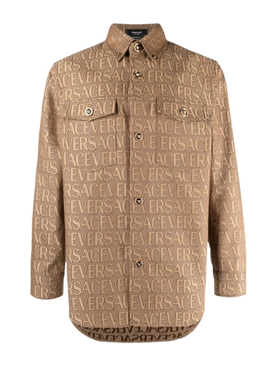 Versace Blouson Techno Canvas Fabric Allover Outline In Brown