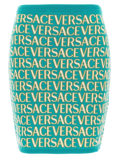 Versace Allover Logo-print Knitted Skirt In Light Blue