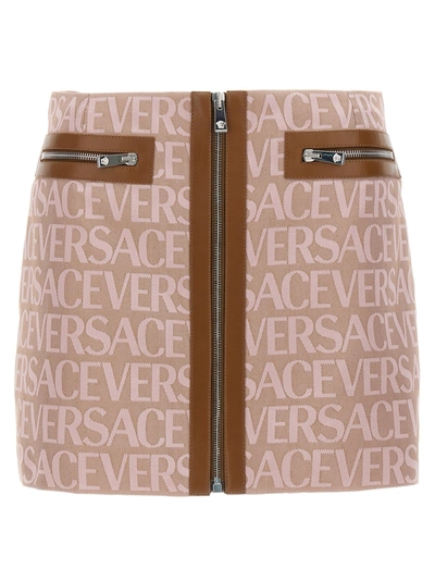 Versace Logo Jacquard Exposed Zip Canvas Skirt In Rosado