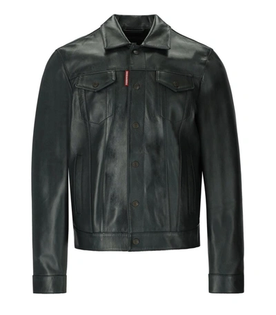 Dsquared2 Dan Jean Green Leather Jacket