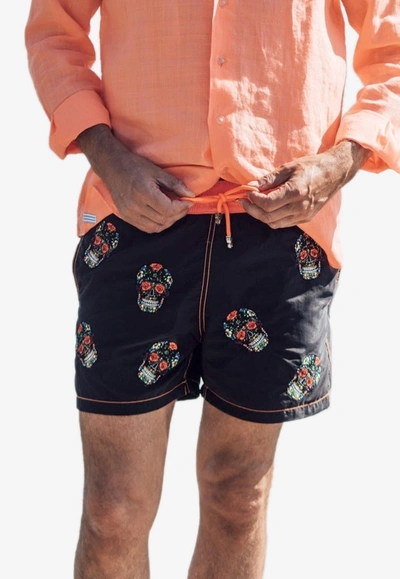 Les Canebiers Byblos All-over Mexican Head Embroidery Swim Shorts In Black
