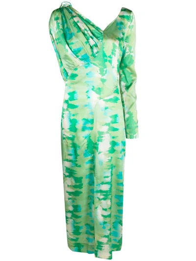 Ganni Long Sleeve Silk Stretch Satin Maxi Dress In Green