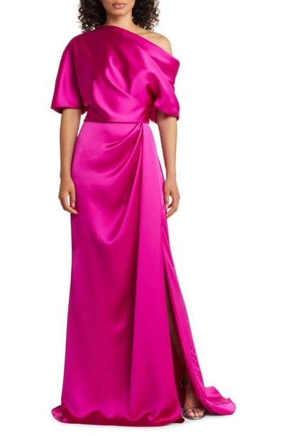 AMSALE GATHERED ONE-SHOULDER SATIN GOWN