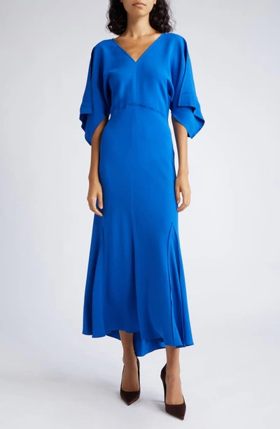 Victoria Beckham V-neck Godet Dress With Sash Detail In Bright Blue