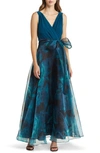Eliza J Petite Organza-skirt Bow-waist Sleeveless Gown In Teal