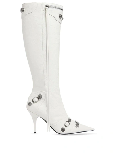Balenciaga Cagole Leather Knee-high Boots In Optic White