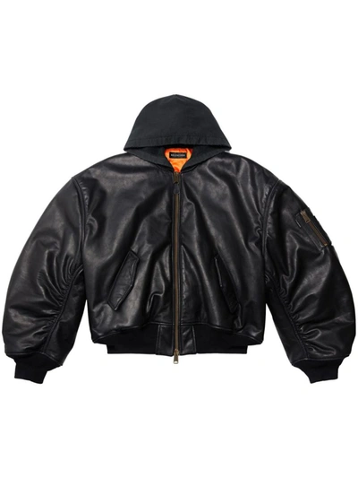 Balenciaga Hooded Leather Bomber Jacket In Schwarz