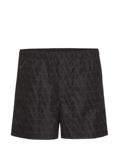 Valentino Garavani Black Swim Shorts In Toile Iconographe Man In Multicolor
