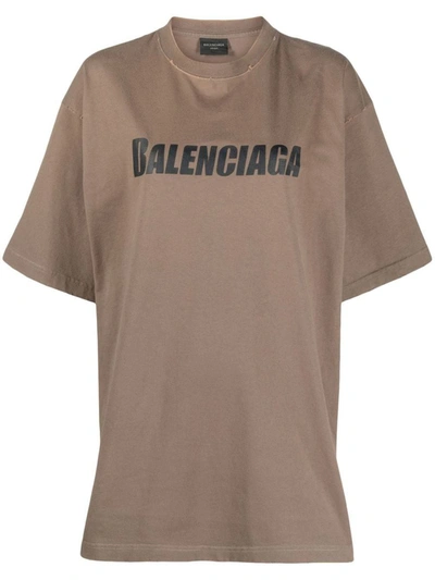 Balenciaga Logo印花棉t恤 In Brown