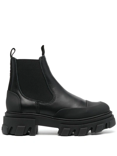 Ganni Leather Low Chelsea Boots In Black