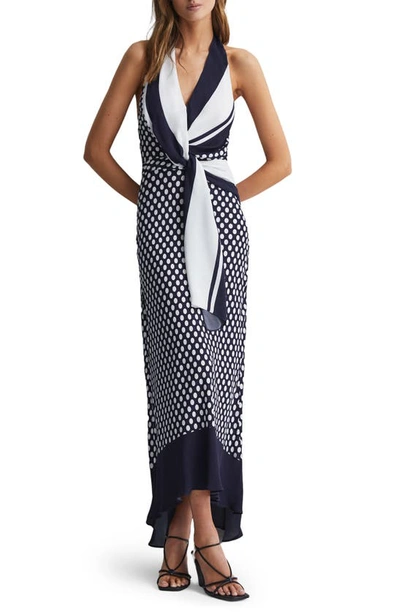 Reiss Amelia Twist Front Halter Dress In Navy/ White