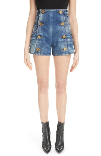 Balmain Washed Bronze Coin Button High Waisted Denim Shorts In Blue