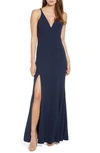 Dress The Population Iris Plunging Crepe Gown In Midnight Blue
