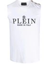 Philipp Plein Shoulder Button Crew Neck Sleeveless Top In White