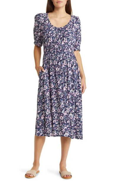 Caslon Puff Sleeve Shirred Waist Dress In Navy Peacoat Leandra Floral