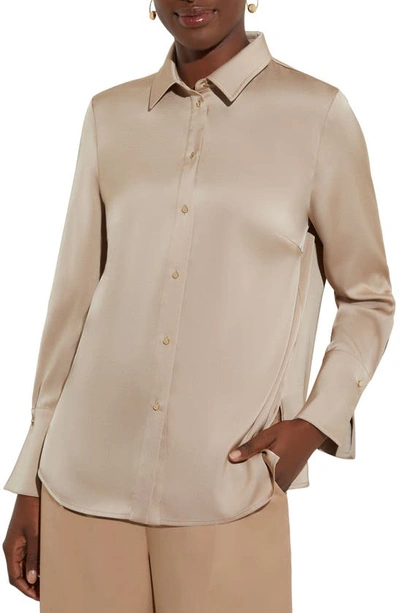 Misook Bishop-sleeve Button-front Crepe Blouse In Beige