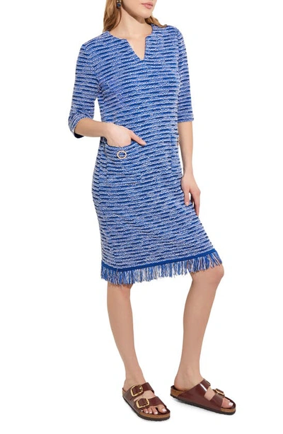 Misook Fringe Hem Tweed Knit Dress In Lyons Blue/ivory