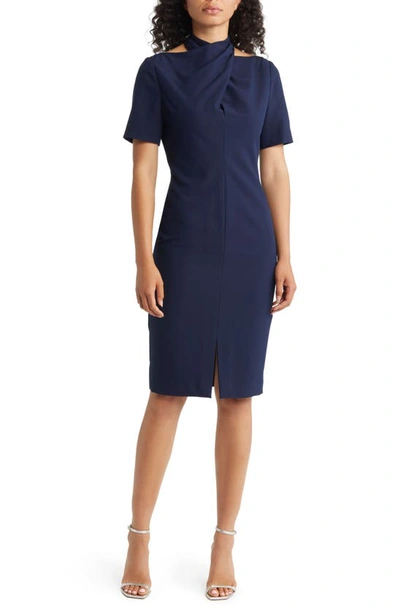 Black Halo Mercer Crossover Neck Cutout Sheath Dress In Navy | ModeSens