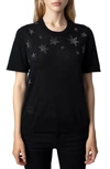 ZADIG & VOLTAIRE IDA STARS STRASS STAR EMBELLISHED SHORT SLEEVE CASHMERE SWEATER