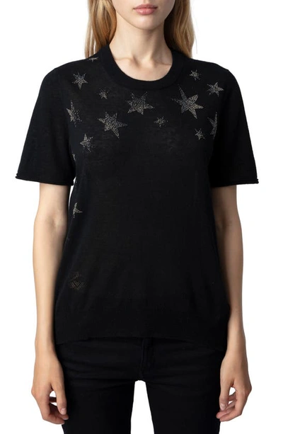 Zadig & Voltaire Ida Stars Rhinestone-embellished Knitted Top In Noir