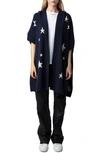 ZADIG & VOLTAIRE INNA INTARSIA STAR CASHMERE OPEN FRONT HOODED PONCHO CARDIGAN