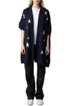 Zadig & Voltaire Inna Intarsia Star Cashmere Open Front Hooded Poncho Cardigan In Encre