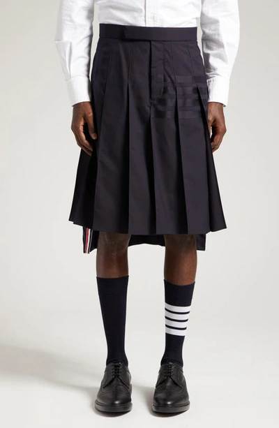 Thom Browne 4-bar Woollen Pleated Skirt In Dark Blue