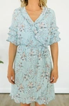 BLACK TAPE DITSY FLORAL WRAP DRESS IN LIGHT BLUE