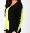 Angel Color Block V-neck With Detail Sleeve In Black/kiwi In Multi