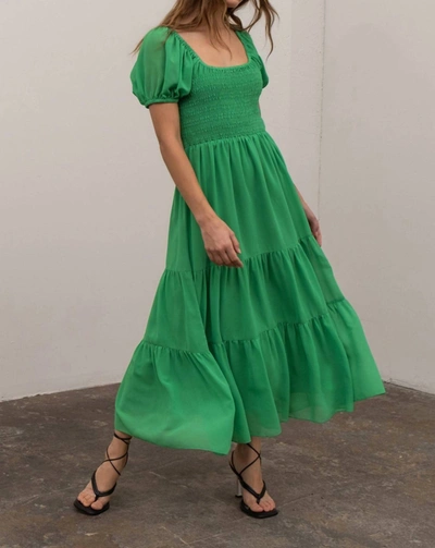 Moon River Puff Sleeve Smocked Midi Dress In Green | ModeSens