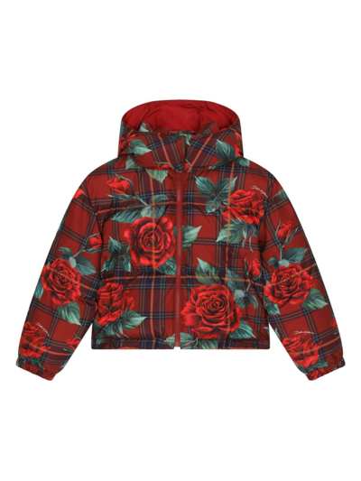 Dolce & Gabbana Kids' Rose Tartan Print Puffer Jacket In Red