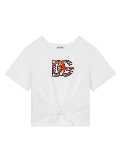 Dolce & Gabbana Kids' Carreto Logo-patch Knotted T-shirt In Opticalwht