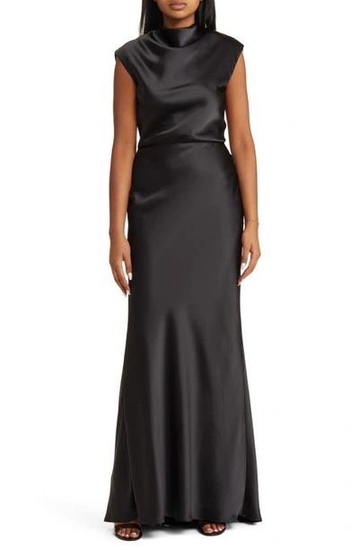 Amsale High Cowl Neck Satin Gown In Black