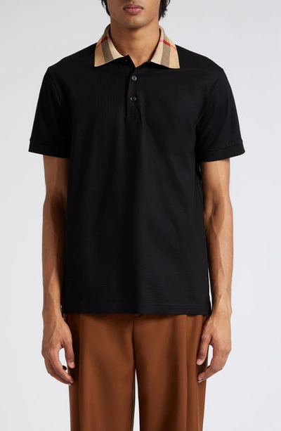 Burberry Cody Check Collar Cotton Piqué Polo In Black