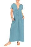 Everyday Ritual Stacey Split Neck Cotton Caftan In Desert Blue