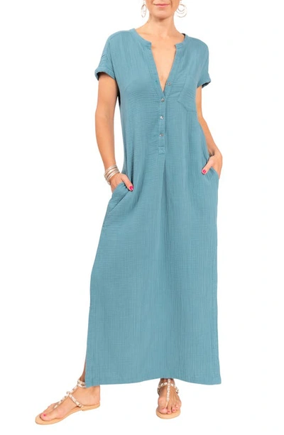 Everyday Ritual Stacey Split Neck Cotton Caftan In Desert Blue