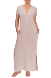 Everyday Ritual Stacey Split Neck Cotton Caftan In Light Grey