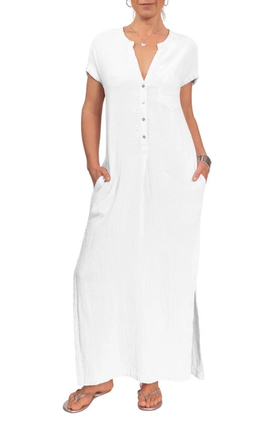 Everyday Ritual Stacey Split Neck Cotton Caftan In White