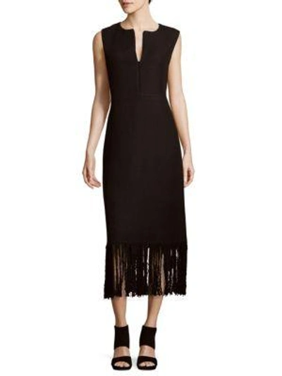 Adam Lippes Sleeveless Chevron-knit Fringed Dress, Black