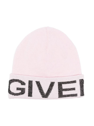 Givenchy Kids' Logo提花针织套头帽 In Pink
